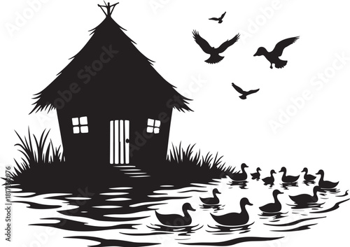 Black silhouette of a thatched hut with ducks and birds