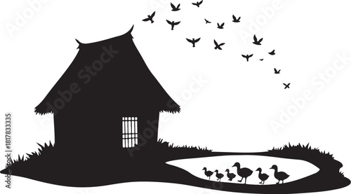 Black silhouette of a thatched roof hut with ducks and flying birds