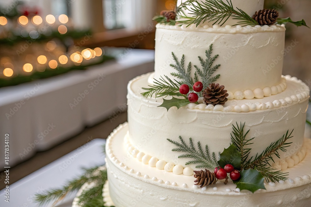 Fototapeta premium Elegant Tiered Wedding Cake Decorated with Holly, Pinecones, and Evergreen Sprigs