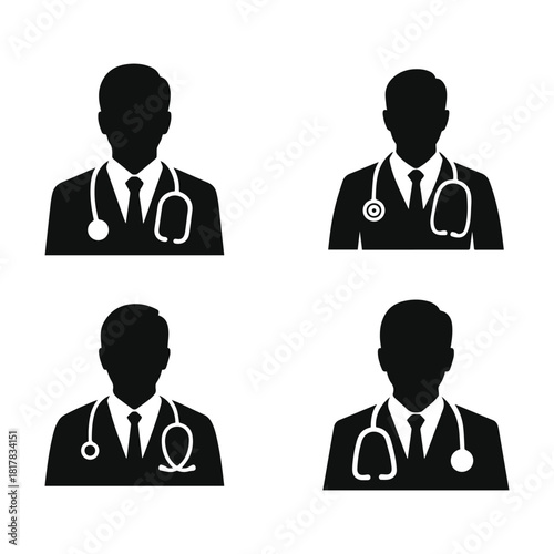 Minimalist black doctor physician professional silhouette icons set
