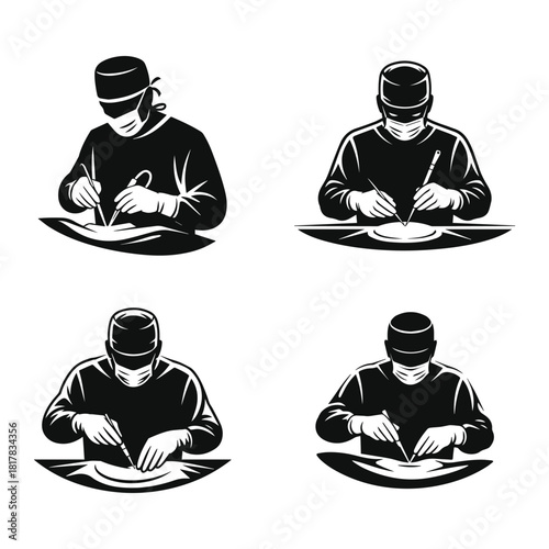 Surgeon silhouette performing surgery with mask and surgical cap vector illustration set