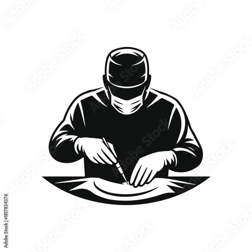 Surgeon silhouette performing surgery with mask and surgical cap vector illustration isolated on white background