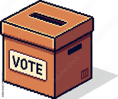 Pixel art illustration of a voting box with the word vote written on the side, concept of democratic choice and participation