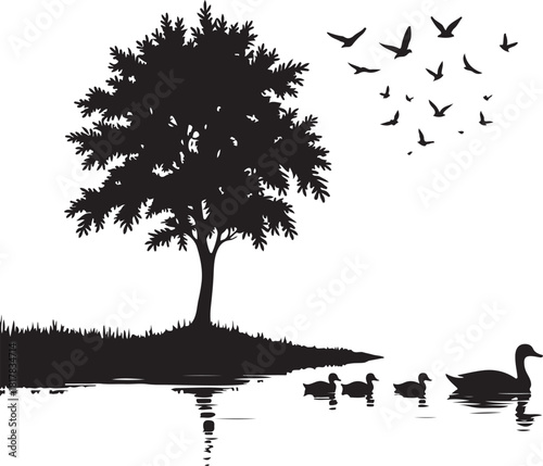 Black silhouette of a tree ducks and birds in flight