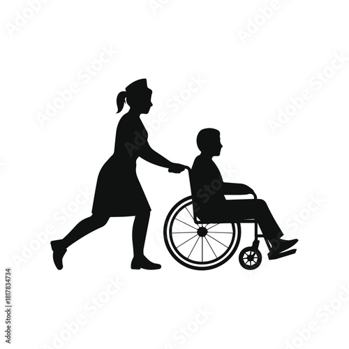 Nurse pushing wheelchair silhouette vector illustration isolated on white background