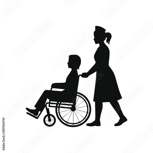 Nurse pushing wheelchair silhouette vector illustration isolated on white background