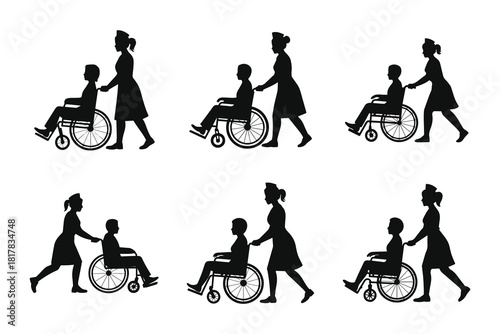 Set of Nurse pushing wheelchair silhouette vector illustration isolated on white background