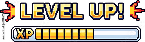 Pixelated retro video game screen element showing a Level Up notification and a golden experience progress bar, symbolizing achievement and advancement