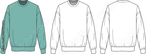 Unisex crewneck sweatshirt flat, long sleeve pullover top with rib cuffs and hem, front and back vector template for designers