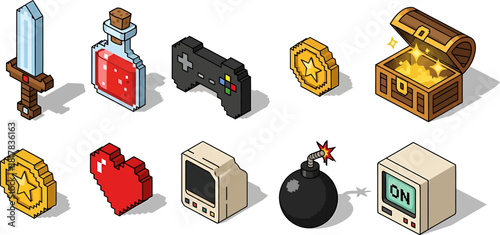 A collection of isometric pixel art icons representing classic video game elements like a sword, health potion, controller, and treasure