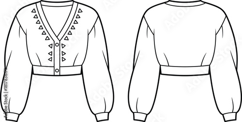 V neck cardigan blouse fashion flat sketch with decorative triangle details, long sleeve cropped top design template front and back, cad drawing flat vector illustration