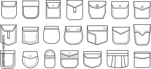 Vector pocket template set, fashion garment pocket designs with clean outlines, technical sewing details, apparel sketch collection for designers