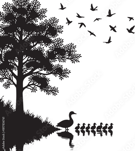Black silhouette of a tree with birds flying and ducks on water