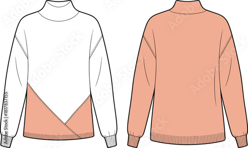Women’s color block sweatshirt flat sketch with mock neck, long sleeves, rib cuffs and hem, fashion CAD illustration for designers