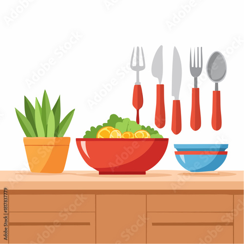 Still Life with Salad Utensils and Potted Plant on Counter.