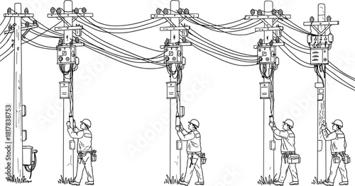 Utility workers silhouettes on power poles, vector illustration of electrical line maintenance