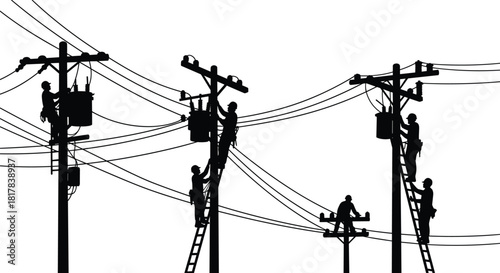 Utility workers silhouettes on power poles, vector illustration of electrical line maintenance, transformers and insulators, teamwork and safety gear, electricity grid repair operations