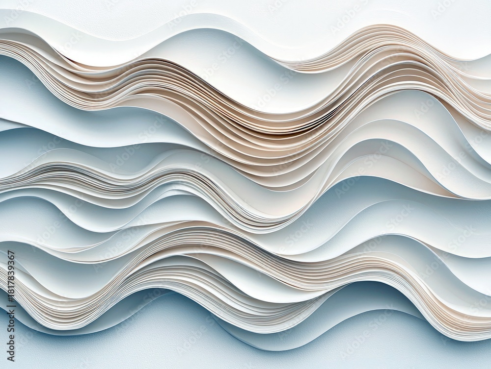 Obraz premium Abstract composition of layered white and light brown paper creating flowing wave-like shapes, with soft lighting and a serene mood.