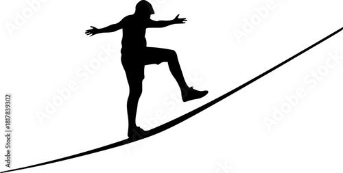 Silhouette of acrobat balancing on rope for success, risk-taking, and ambition theme