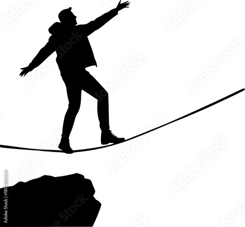 Silhouette of man walking on rope symbolizing balance, focus, and determination
