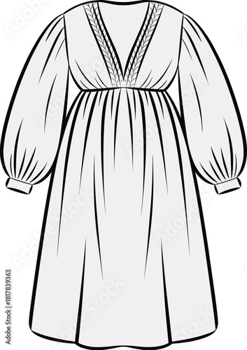 Long sleeve V-neck maxi dress fashion flat sketch with pleated detailing and gathered waist, technical garment drawing, cad drawing flat vector illustration