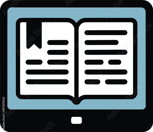 Ebook reader with open book showing pages of text and bookmark inside vector