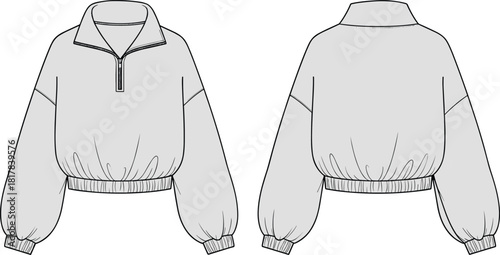 Loose fit long sleeve half zip pullover sweatshirt front and back flat fashion sketch technical drawing vector template for apparel design