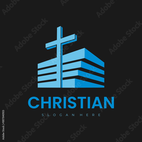 Christian Church Building Logo with Cross symbol. Religious, faith, worship and belief sign