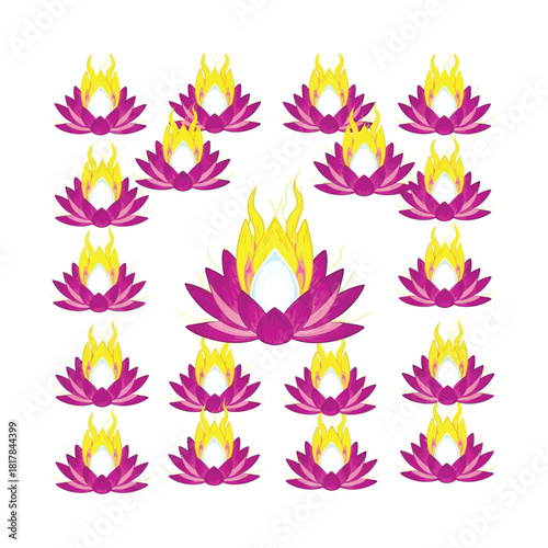 Collection of stylized lotus flowers with yellow flame centers isolated on white background
