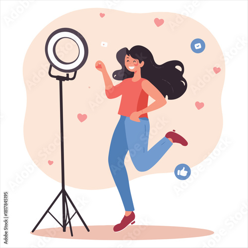Female Vlogger Recording Video with Camera and Ring Light Vector,Content Creator Working from Home Vector Illustration,Modern Female Influencer Creating Online Video Flat Design,Woman Maki.