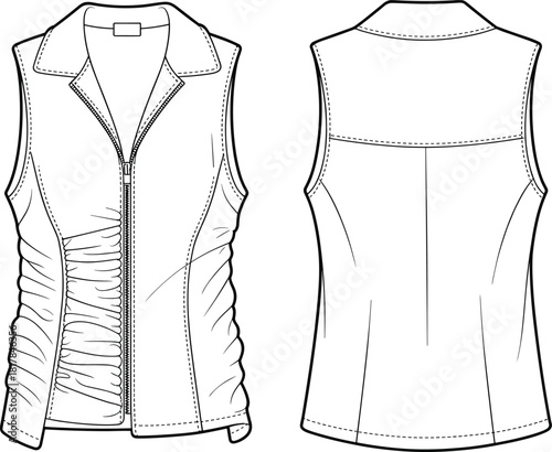 Sleeveless zip-front ruched vest front and back flat sketch with shaping details, fashion CAD template vector illustration for garment designers