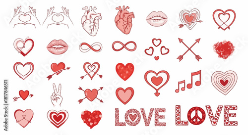 Diverse Red & Pink Heart Love Symbols Collection - Vector Art