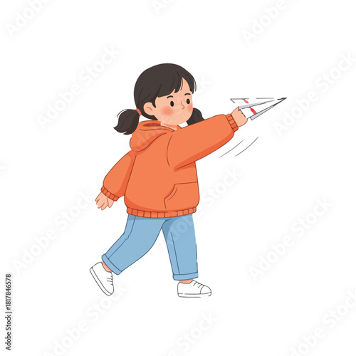 Happy young girl with pigtails wearing an orange hoodie throwing a paper airplane, isolated on a white background illustration.