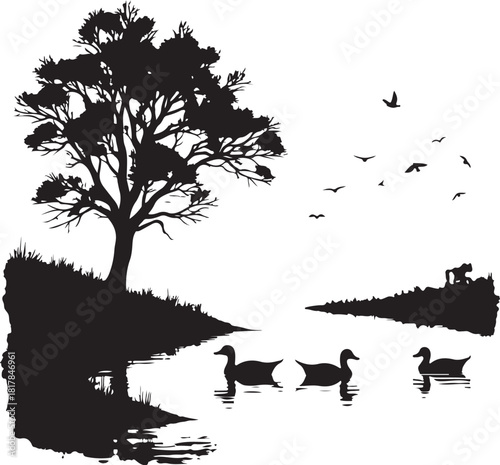 Black silhouette of ducks swimming by a tree and birds flying