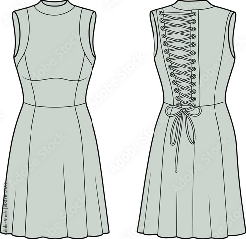 Technical flat vector illustration of sleeveless fit and flare dress with high neckline and lace-up corset back detail for fashion design