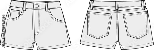 Technical vector flat of classic denim shorts with waistband, pockets, topstitch details, belt loops, front fly and back patch pockets design