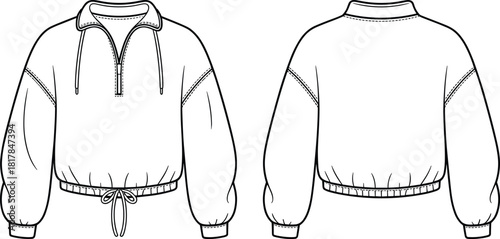Technical vector flat of cropped pullover with half zip collar, drawstring hem, dropped sleeves, ribbed cuffs and clean garment stitch detailing