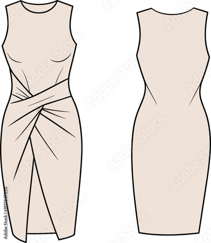Technical vector illustration of sleeveless midi dress with elegant draped front twist detail and fitted silhouette, fashion CAD flat drawing