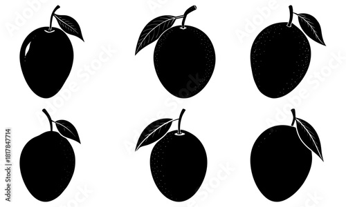 Fresh mango fruit silhouettes for vibrant summer designs, ideal for healthy eating promotions and tropical recipe illustrations, vector graphics