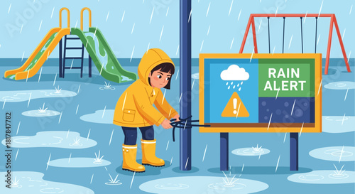 A Child Securely Secures a Rain Alert Sign in a Playground During a Downpour