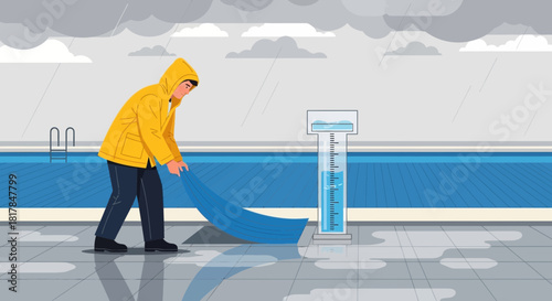 Rainy day at the pool as a man in a raincoat covers the pool with a tarp