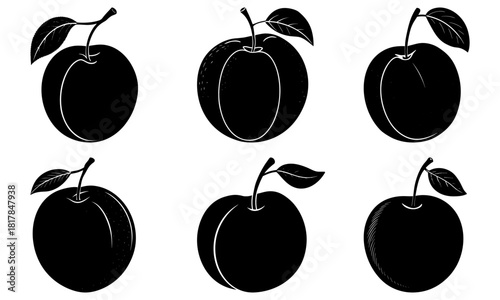 Fresh plum harvest illustration, organic fruit drawing for healthy eating designs, minimalist black line art, raw food concept, vector style