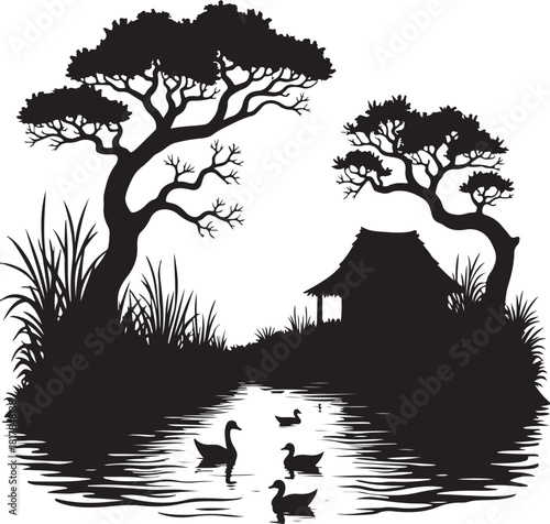 Black silhouette of ducks swimming in a pond near a hut and trees