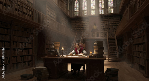 Scholar immersed in study, amidst towering bookshelves and gentle light streams