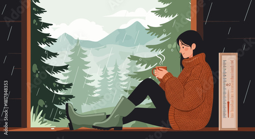 Cozy Rainy Day: A Woman's Peaceful Retreat with Warm Drink by the Window
