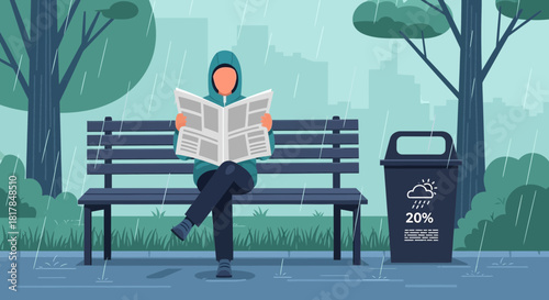 Reading a Newspaper Under a Rainy Sky in the Park on a Solitary Bench