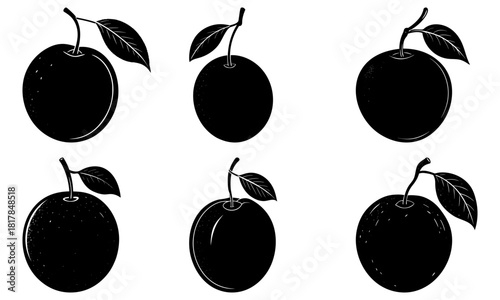 Stylized plum fruit assortment in silhouette, perfect for food packaging design, farm fresh branding, and healthy eating campaigns. Vector origin preserved