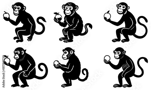 Playful monkeys holding apples create a fun, whimsical scene perfect for children's books, educational materials, or playful designs with vector origin