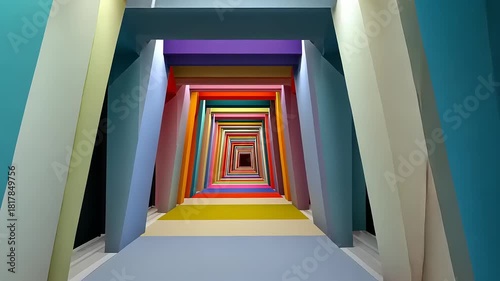 Vibrant geometric tunnel with colorful layers creating a mesmerizing perspective illusion