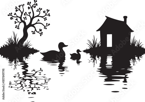 Black silhouette of ducks swimming near a tree and a house on water